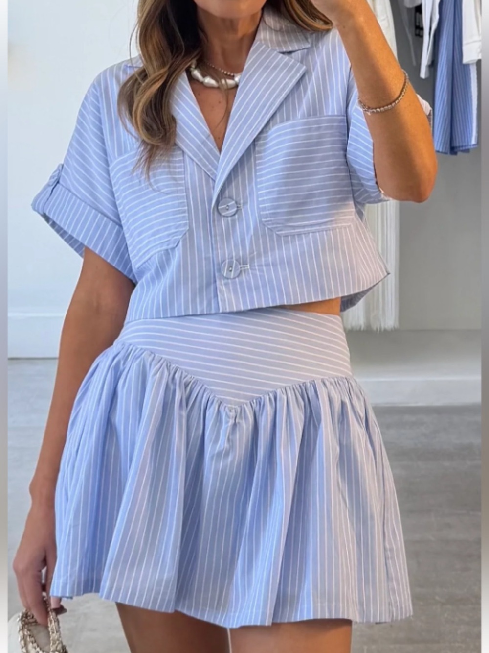 Light Blue Pinstripe A-Line Mini Skirt Set
